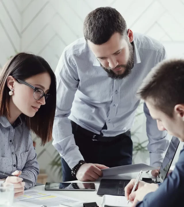 mulher-analisando-dados-com-colegas-de-trabalho